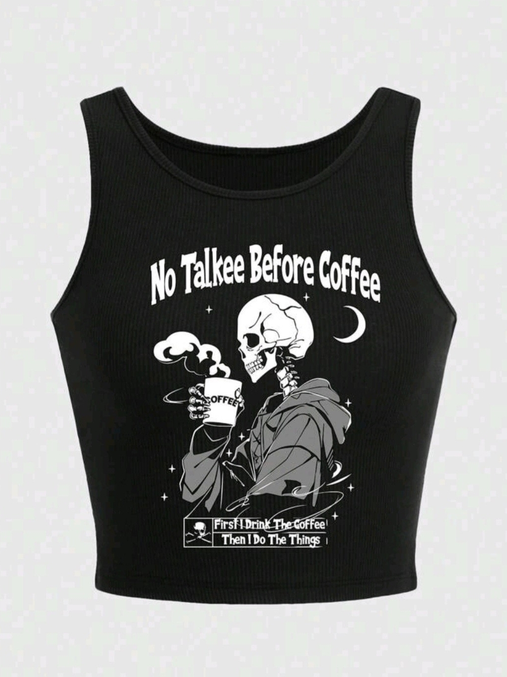 No Talkee Before Coffee Black Graphic Crop Tank